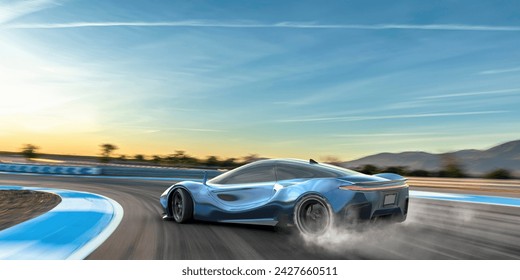 A generic blue electric sports car moving at high speed around the corner of a racetrack. The vehicle is drifting around the corner, with smoke coming from its spinning rear tires.  - Powered by Shutterstock