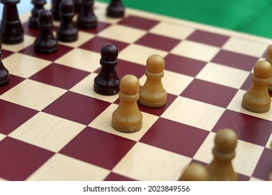 Generic Chess Pieces With Pawns Set Up On Wooden Board To Show The Initial Moves Of A Classic Game Opening Called The Queens Gambit. Metaphor For Intelligence Strategy, Planning And Tactics