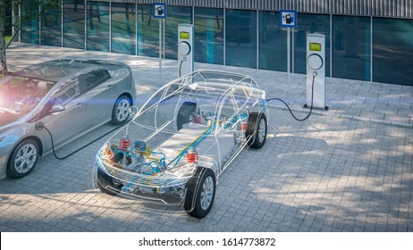 generic electric car with battery visible x-ray charging at public charger in city parking lot with lens flare 3d render