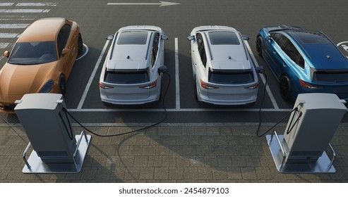 Generic electric car charging at station dock point in parking lot near shopping or office building. City street power hub providing eco-friendly sustainable supply for EV vehicle - Powered by Shutterstock