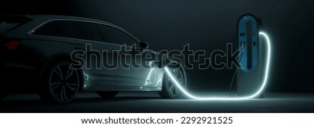 Generic electric EV hybrid vehicle is charging on a station inside a dark garage, cable is glowing, renewable energy concept