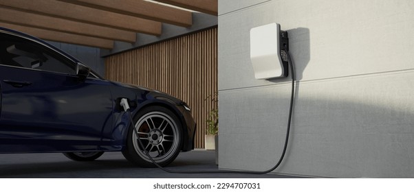 Generic electric vehicle EV hybrid car is being charged from a wallbox on a contemporary modern residential building house - Shutterstock ID 2294707031
