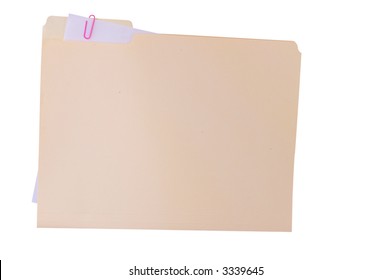 Generic File Folder With Paper Clip Attached Paper, Isolated On White With Clipping Path