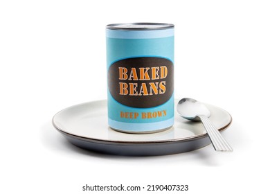 A Generic Labelled Can Of Baked Beans On A Plate With A Spoon Isolated On White