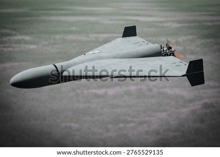 generic Loitering Munition Drone with Delta Wing Flying in Blue Sky, Modern Military UAV