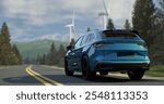 Generic modern electric car drives along a road through green forest, surrounded by towering wind turbines, symbolizing a harmonious blend of technology, sustainability, and the natural environment