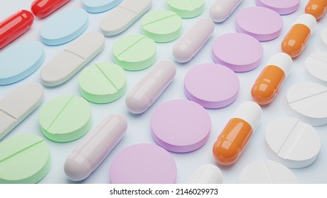 Generic pills array spread on background. all types of pills. 3D antibiotic capsules stacked - Shutterstock ID 2146029973