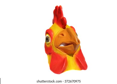 Generic Rubber Yellow And Red Chicken Head Mask. Isolated On White With Room For Your Text.