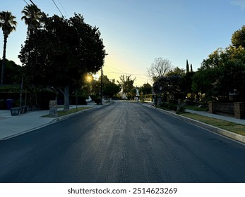 generic US residential street (driveways, houses, parked cars, telephone poles, trees, street signs, mailboxes, lawns, sidewalks, grass) at sunset - Encino, Los Angeles, California - Powered by Shutterstock