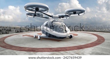A generic white and grey eVTOL vehicle with blue highlights parked on a helipad on the rooftop of a high buildings in a downtown district with view of high rise city buildings in the background, under