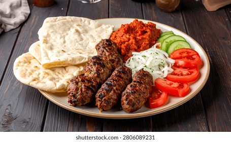 A generous serving of grilled cevapi, served with warm flatbread, a vibrant red pepper spread, creamy yogurt dip, and sliced tomatoes and cucumbers.