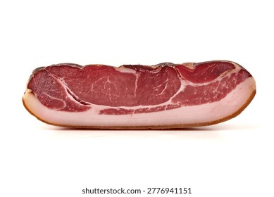 A generously thick slice of premium cured speck with intricate marbling of deep red meat and creamy white fat, showcasing its savory texture, isolated on white background