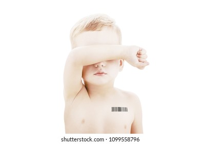 Genetic Clone Concept. Child With Bar Code On The Chest