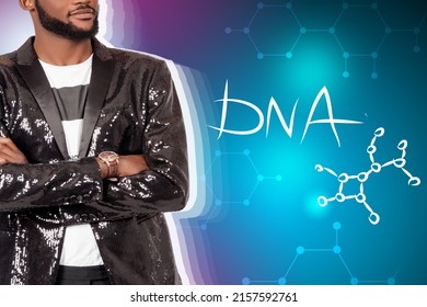 Genetic Counseling. Concept - A Man Is Engaged In Genetic Counseling. Black Guy Next To The DNA Logo. He Needs Genetic Counseling. African American Man Wants To Have A DNA Test.