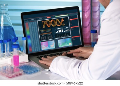 genetic engineer working with analysis dna software on laptop in the genetic laboratory. Research geneticist using computer biotechnology lab