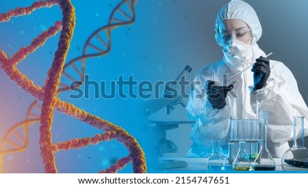 Genetic engineering. Female scientist works against the background of DNA chains. Genetics science. Human genome study. The study of the genetic DNA of human chromosomes. Medicine and biotechnology.