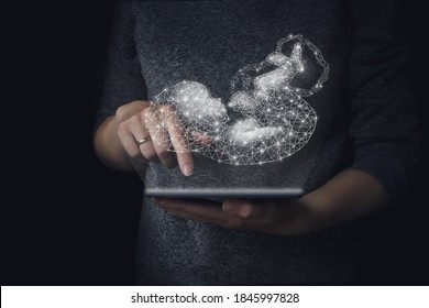 Genetic engineering, surrogacy, embryology. A hologram of a baby in the background of the hand holding a tablet, genetic analysis in pregnancy planning. Concept of pregnancy, maternity.