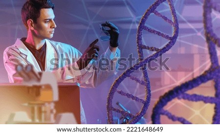 Genetic experiments. Man is doing genetic research. DNA modification in laboratory. Concept of genetic engineering. Guy in white coat is holding test tube. DNA chain on purple. RNA modification