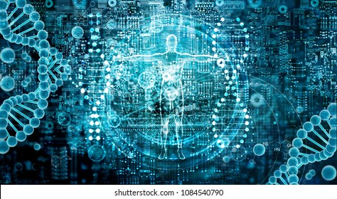 Genetic research and Biotech science Concept. Human Biology technology on abstract digital background. - Shutterstock ID 1084540790