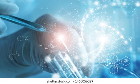 Genetic research and Biotech science Concept. Human Biology and pharmaceutical technology on laboratory background. - Shutterstock ID 1463056829