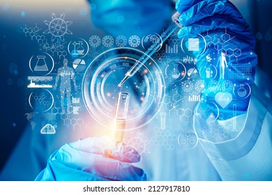 Genetic research and Biotech science Concept. Human Biology and pharmaceutical technology on laboratory background. - Shutterstock ID 2127917810