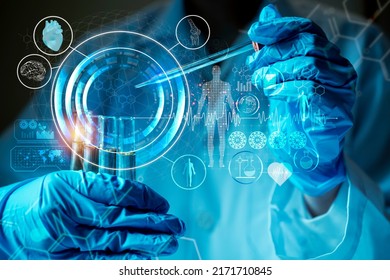 Genetic research and Biotech science Concept. Human Biology and pharmaceutical technology on laboratory background. - Shutterstock ID 2171710845