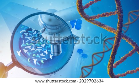 Genetic research. DNA research in laboratory.  charm glass next to DNA strand. Dna sequencing concept. Genetic chains next to microscope. Deoxyribonucleic acid illustration. 3d rendering.