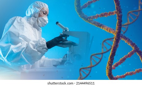 Genforschung. DNA-Spirale und die Wissenschaftlerin. Konzept der Gentechnik. Medizinwissenschaften. Wissenschaftliches Labor. Der Arzt in einem Schutzanzug sitzt hinter einem Mikroskop. 