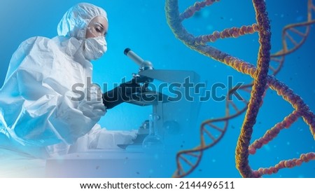 Genetic research. DNA spiral and the female scientist. Genetic engineering concept. Medical sciences. Scientific laboratory. Doctor in a protective suit is sitting behind a microscope. 