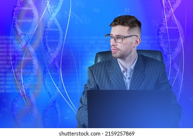 Genetic Research. A Scientist At A Laptop Against The Background Of DNA Spirals. The Doctor Analyzes The Genetic Tests. Gene Transfer And Gene Therapy. Gene Manipulation.