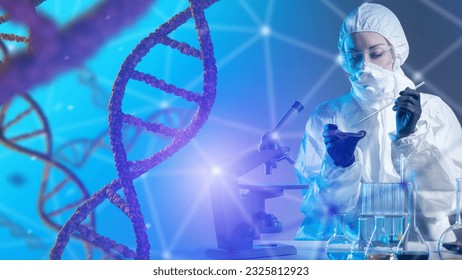 Genetic scientist. Laboratory assistant studies DNA. Genetic woman in chemical protection suit. Dangerous experiments with genome. Geneticist doing DNA sequencing. Helix of genome. DNA modification - Powered by Shutterstock