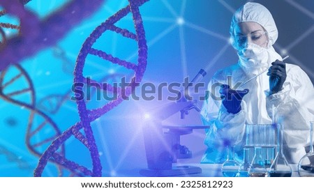 Genetic scientist. Laboratory assistant studies DNA. Genetic woman in chemical protection suit. Dangerous experiments with genome. Geneticist doing DNA sequencing. Helix of genome. DNA modification