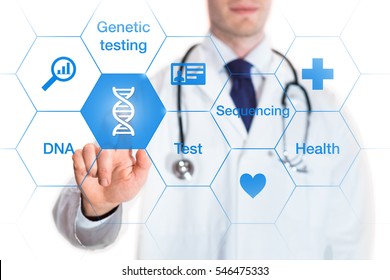 Genetic testing concept with DNA icon and words on a screen and a medical doctor touching a button, isolated on white background - Shutterstock ID 546475333