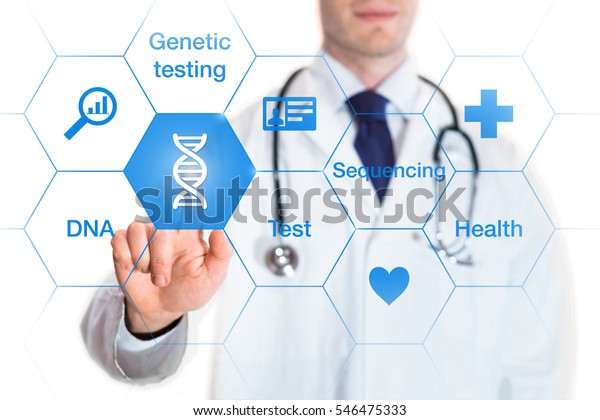 Genetic testing concept with DNA icon and\
words on a screen and a medical doctor touching a button, isolated\
on white background