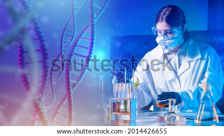 Geneticist woman at laboratory table. Technician working with biological samples. She studies DNA samples. Dna chain near geneticist. Genetic analysis in a clinical lab. Geneticist with test tube