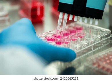 geneticist working with microplate for cells analysis in the genetic lab. Researcher working with samples of tissue culture in microplate in the bioengineering laboratory - Powered by Shutterstock