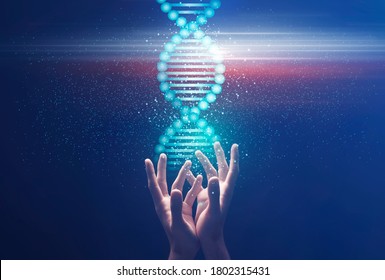 Genetics and medical science concept. Collage with male hands holding shiny DNA molecule on blue background