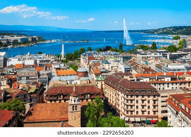 Geneva aerial panoramic view. Geneva or Geneve is the second most populous city in Switzerland, located on Lake Geneva.