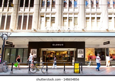 GENEVA - AUGUST 3: A Retail Outlet For GLOBUS, August 3, 2013 In Geneva, Switzerland. With Its HQ In Zurich And 14 Branches, It Is Part Of Migros Cooperatives, Switzerland's Biggest Retailer. 