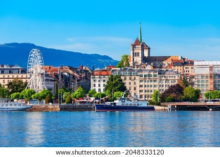 Geneva city panoramic view. Geneva or Geneve is the second most populous city in Switzerland, located on Lake Geneva.