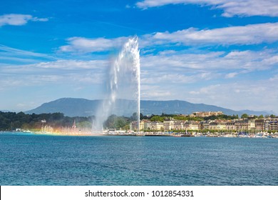Geneva lake and Jet d'Eau fountain in Geneva in a beautiful summer day, Switzerland