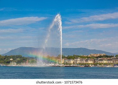 Geneva lake and Jet d'Eau fountain in Geneva in a beautiful summer day, Switzerland