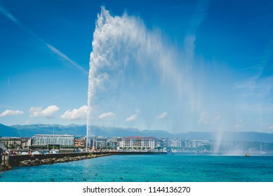 Geneva landmark, The Jet d'Eau at Leman lake with clearly sky in summer