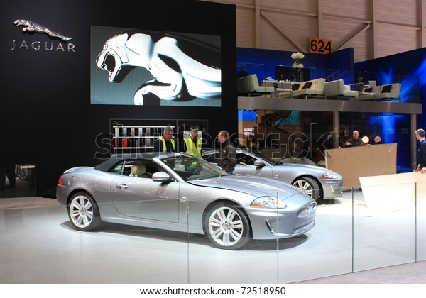 GENEVA - MARCH 3 : A Jaguar car show on\
display at 81th International Motor Show Palexpo-Geneva on March 3,\
2010 in Geneva,\
Switzerland.