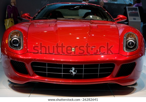 GENEVA -\
MARCH 4: A new Ferrari on display at 79th International Motor Show\
on March 4, 2009 in Geneva, Switzerland. An annual car event with\
car manufacturers from all over the\
world.