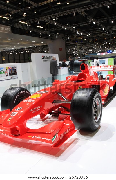 GENEVA - MARCH 7 : A Ferrari formula one F1\
car on display at 79th International Motor Show Palexpo-Geneva on\
March 7, 2009 in Geneva, Switzerland. More than 130 vehicles being\
introduced.