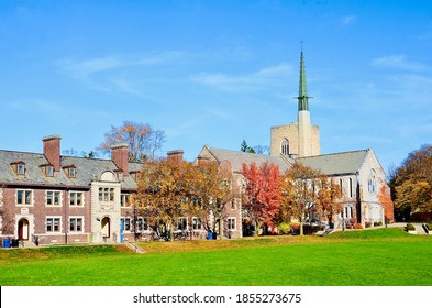 Geneva, NY, US- November 7, 2020: Hobart And William Smith Colleges, Private Liberal Arts Colleges In Geneva. The Campus Is Notable For Jacobean Architecture, & The Earliest Buildings In Gothic Style