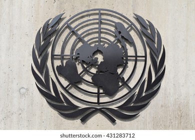 GENEVA, SWITZERLAND, 13 MARCH 2016: The emblem of the United Nations (UN), an intergovernmental organization to promote international co-operation, on the wall of the UN Headquarters in Geneva.