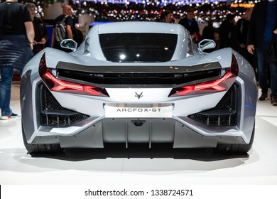 Geneva, Switzerland 13. March 2019
Silver Electric Super Car Arcfox GT At Geneva International Motor Show 2019.