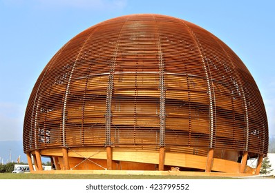 GENEVA, SWITZERLAND, 13 MAY 2016: The Globe of Science & Innovation is a landmark of CERN, built to inform visitors about the research at CERN. The wooden structure represents sustainable development.